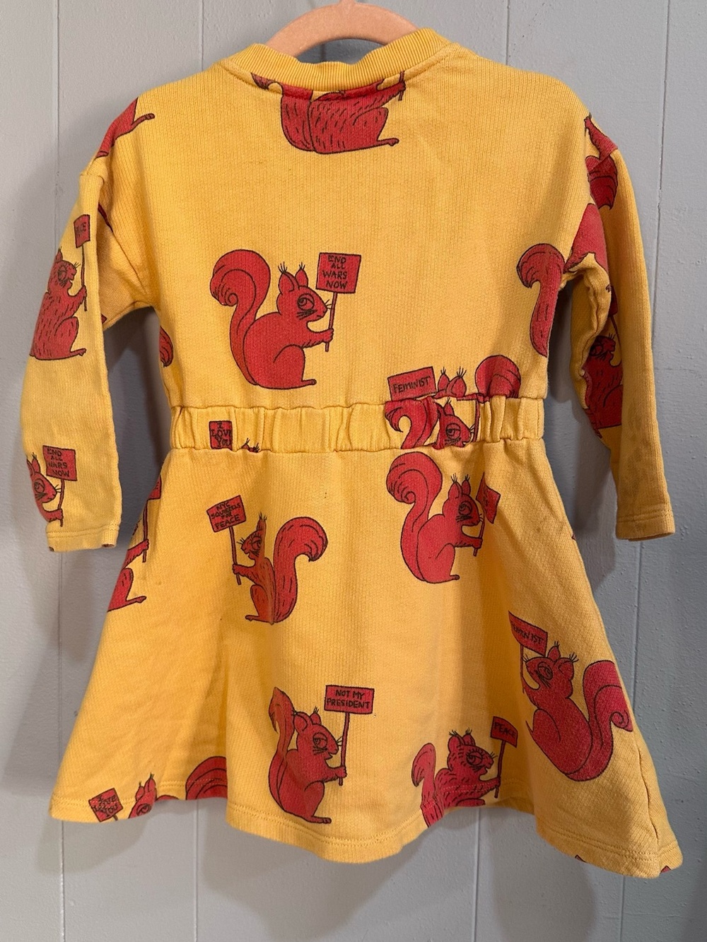 Mini Rodini Yellow NOT MY PRESIDENT collectors itemDress with Red Squirrel Print